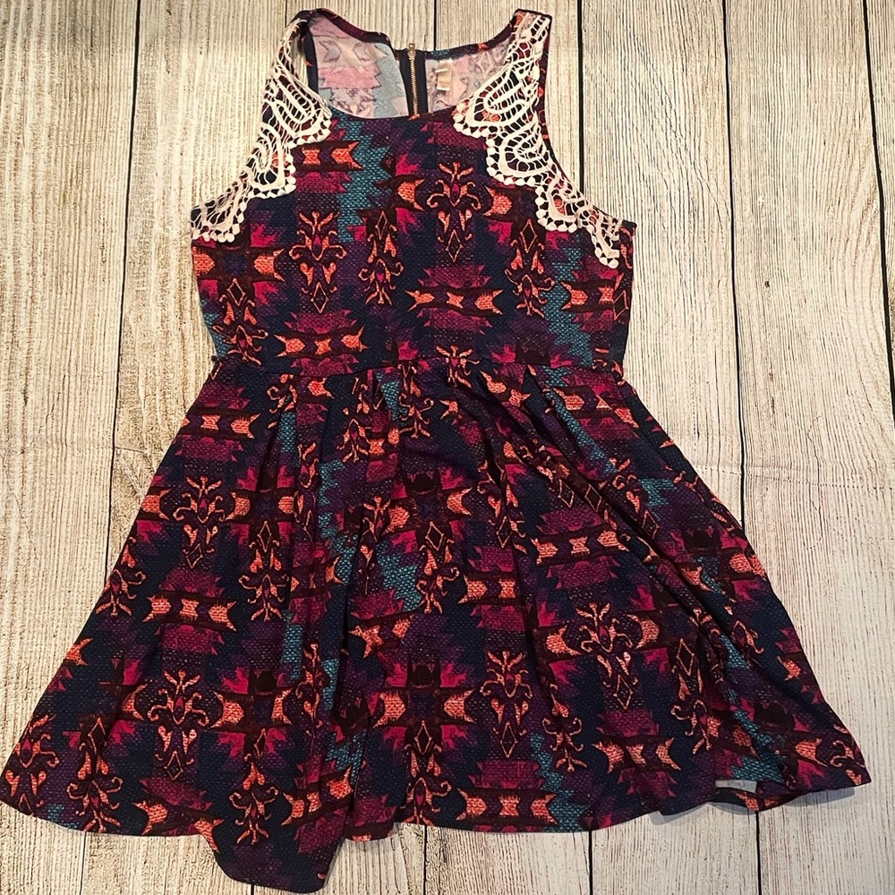 Xhiliration printed dress with lace accents
